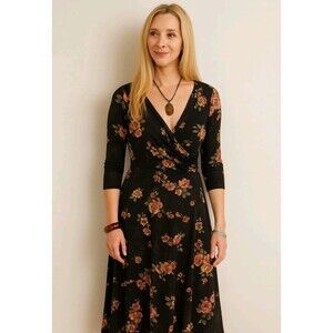 VTG Black Faux Wrap 3/4 Sleeve Maxi Dress Floral Size 8 Phoebe Buffay Y2K 90s
